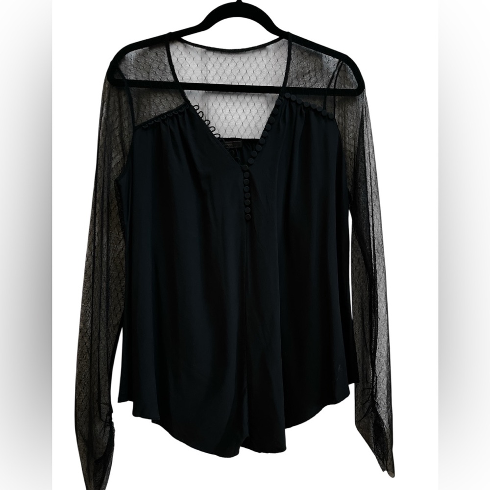 BCBGMaxAzria Black Sheer Mesh Sleeve Polka Dot Blouse Top Dark Academia M Work - Picture 2 of 7